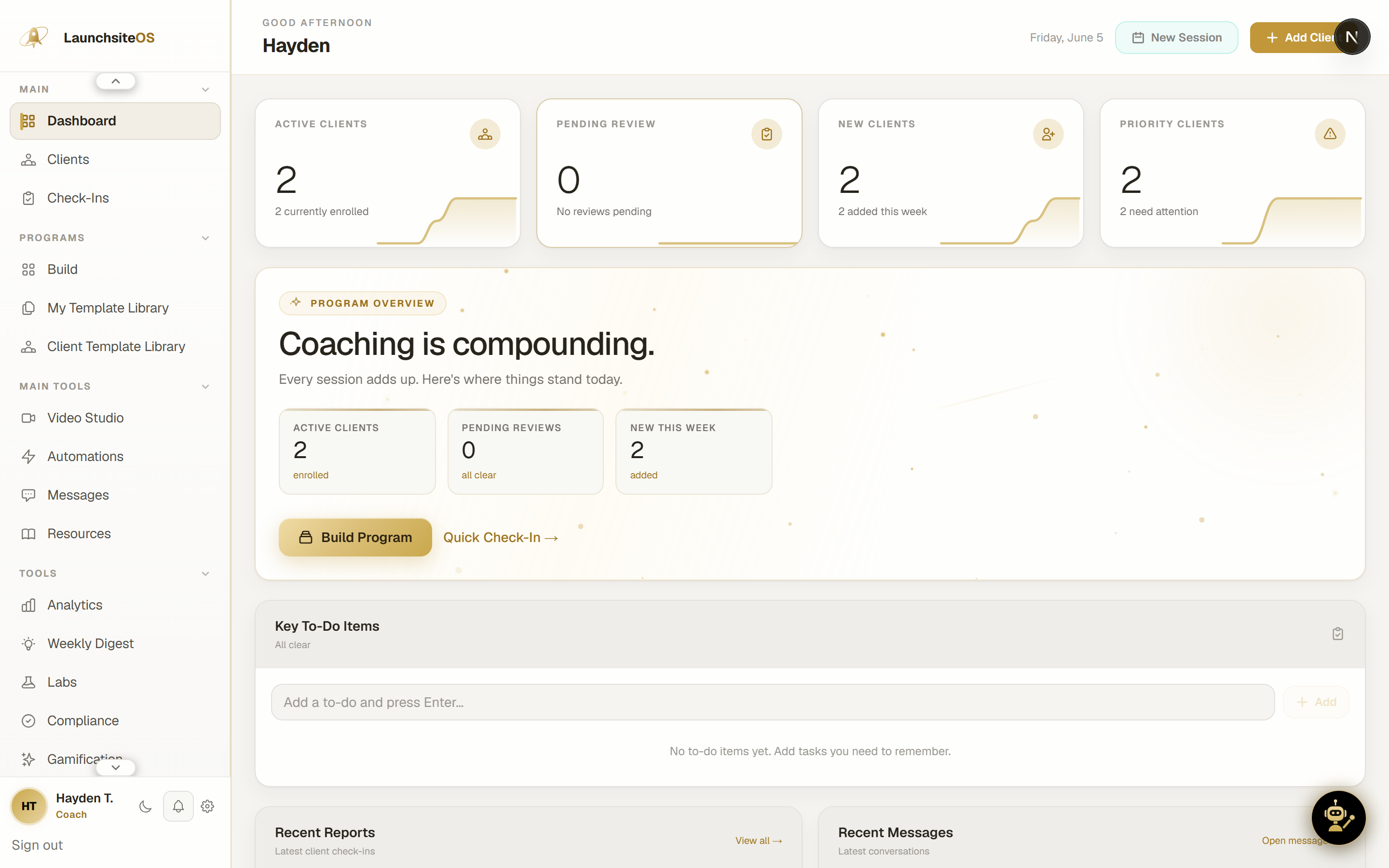 Coach dashboard with active client counts, pending reviews, today's schedule, compliance, and task boards