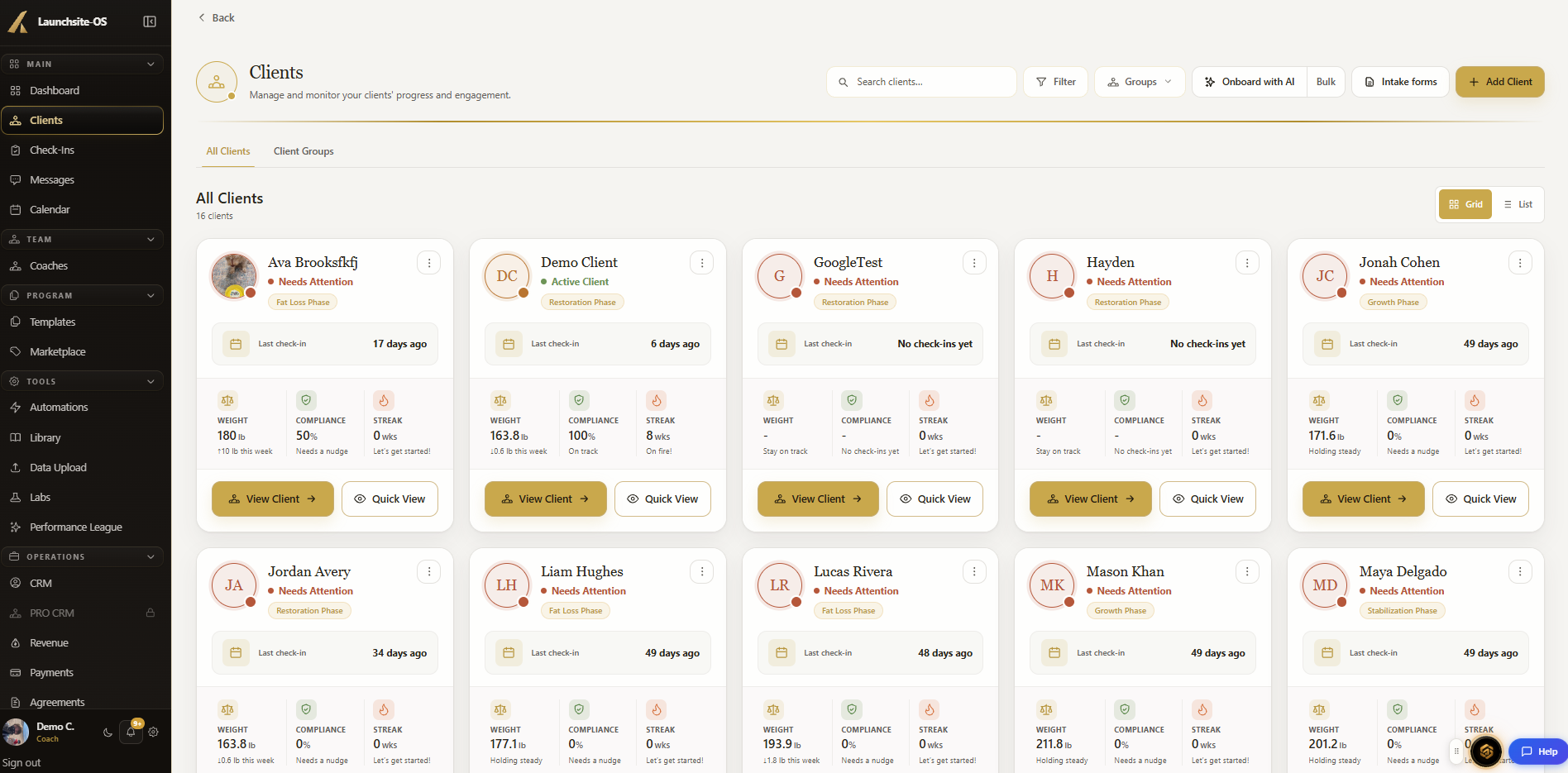 LaunchSite OS clients view with client cards showing status, last check-in, weight, compliance, and streak
