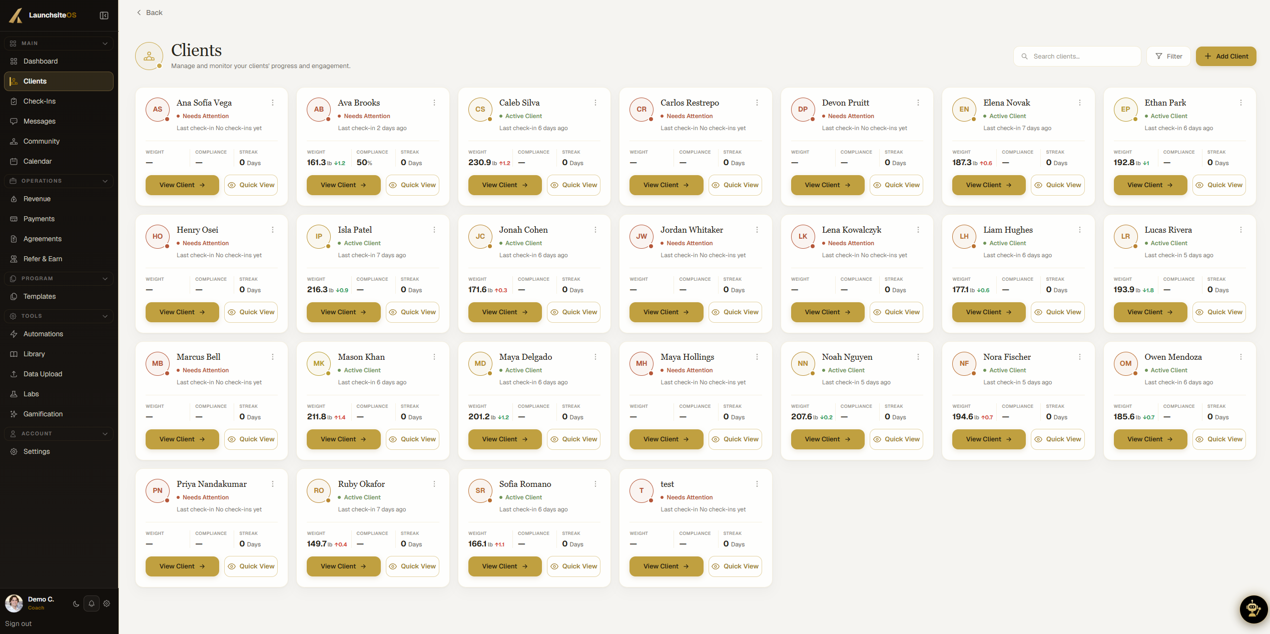Client roster with per-client status, last check-in, weight, compliance, and streak